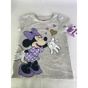Disney Minnie Mouse Gray Purple Hearts Short Sleeve Tee T-Shirt Top Girls Size 5